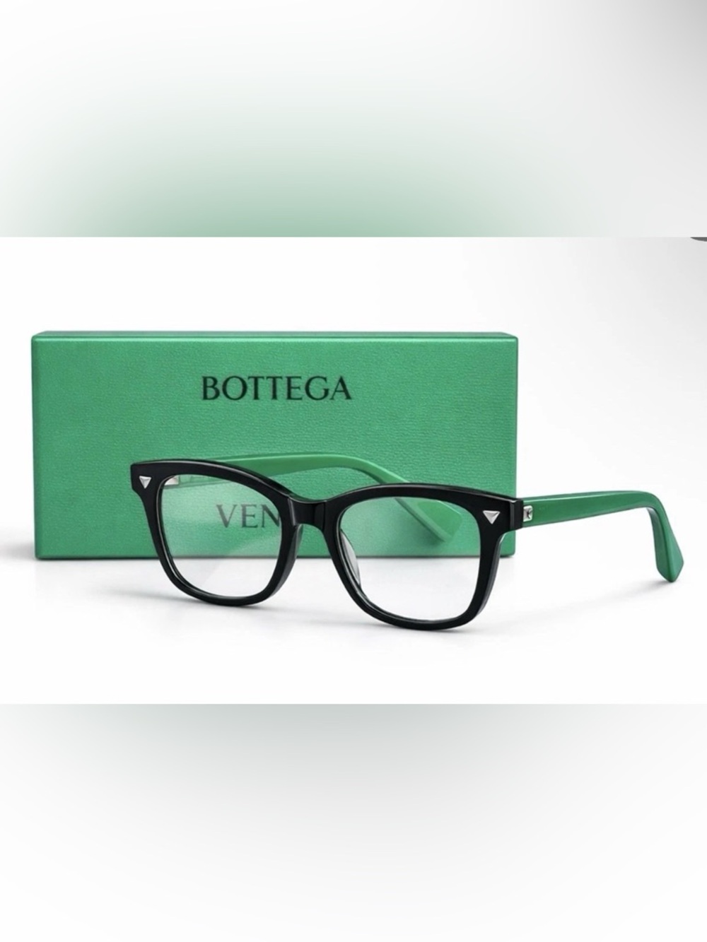 Bottega Veneta Black Frame Glasses with Green Temples